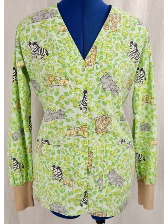 Melrose By May-Hill Uniforms Tops - Cottagecore Scrub Top Women XS Green Safari Animal Whimsical Medical Lab VTG Y2K